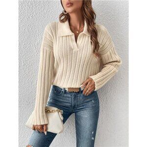 Ribbed Knit Polo Collar Sweater